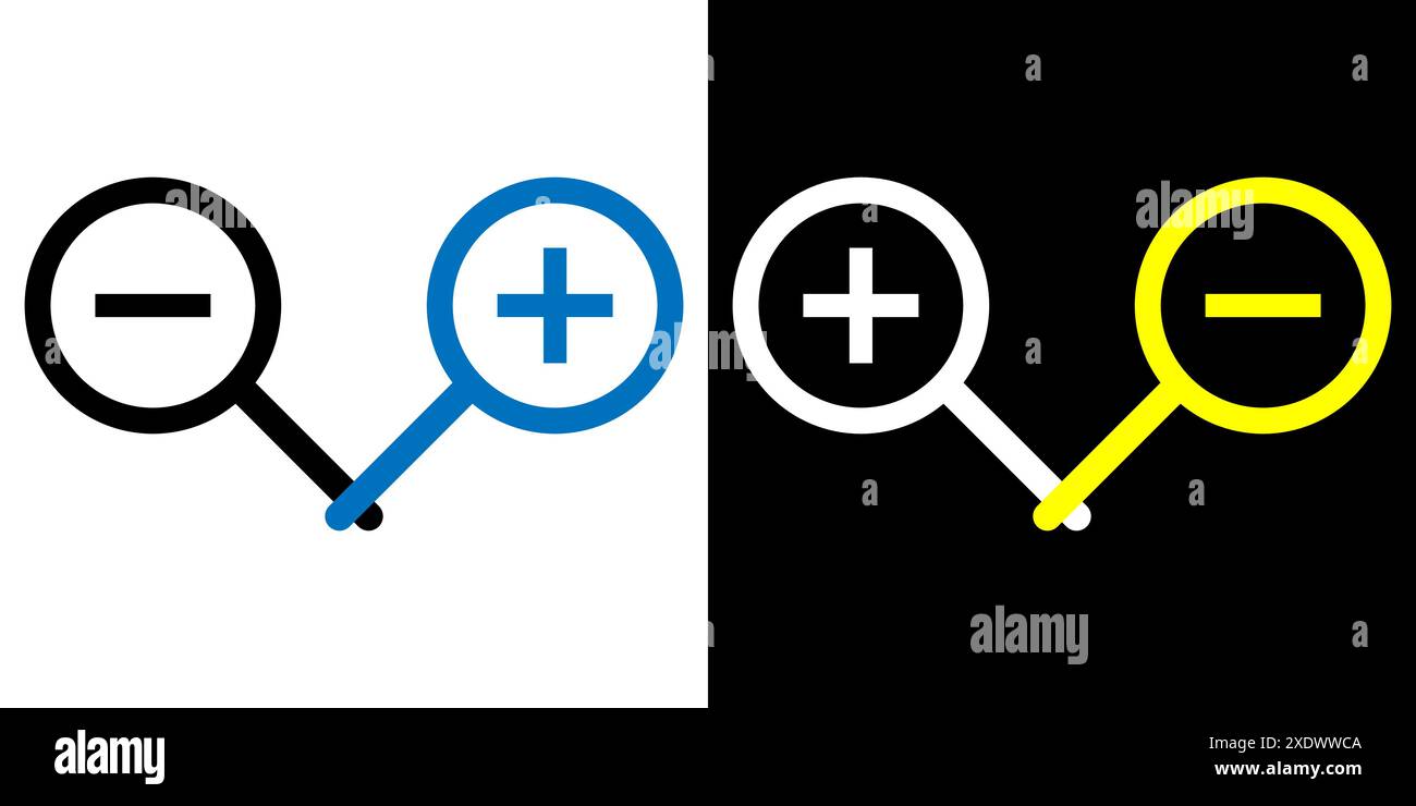 Icone Zoom indietro e Zoom avanti. Icone della lente di ingrandimento. Illustrazione Vettoriale