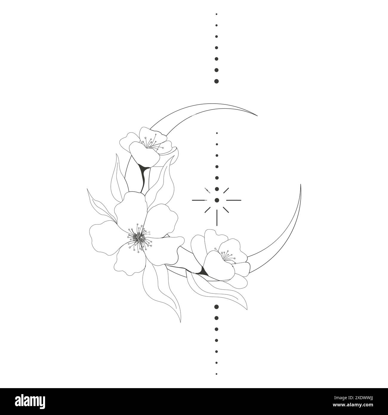 Elegante tatuaggio a forma di fiore di luna, elemento mistico spirituale floreale, illustrazione magica boho esoterica, decorazione a linee, foglie e dori. Illustrazione vettoriale Illustrazione Vettoriale