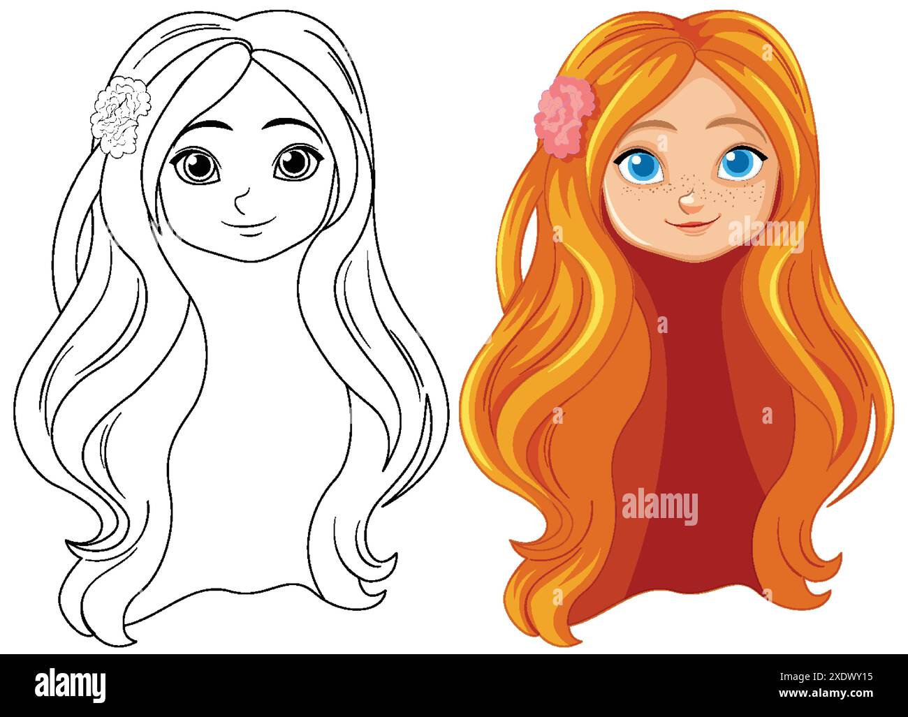 Versioni a colori e con contorno di una ragazza hippy Illustrazione Vettoriale