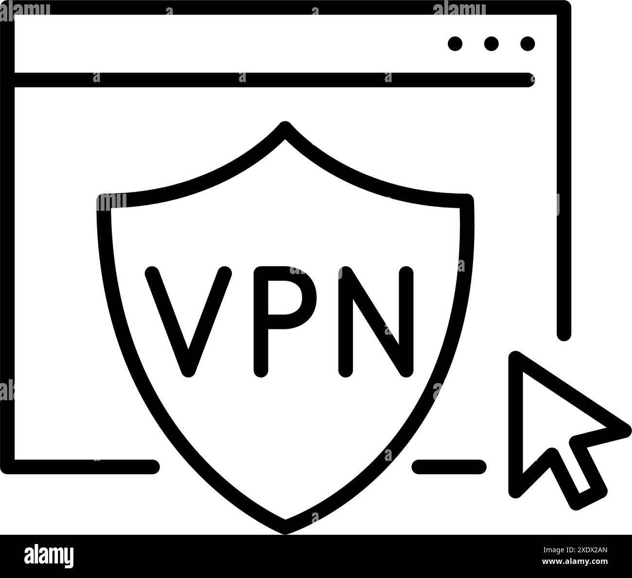 Shield, tecnologia VPN, accesso Web e interazione utente. Fare clic con il puntatore del mouse. Navigazione Internet sicura e privata e attività online. Pixel Illustrazione Vettoriale