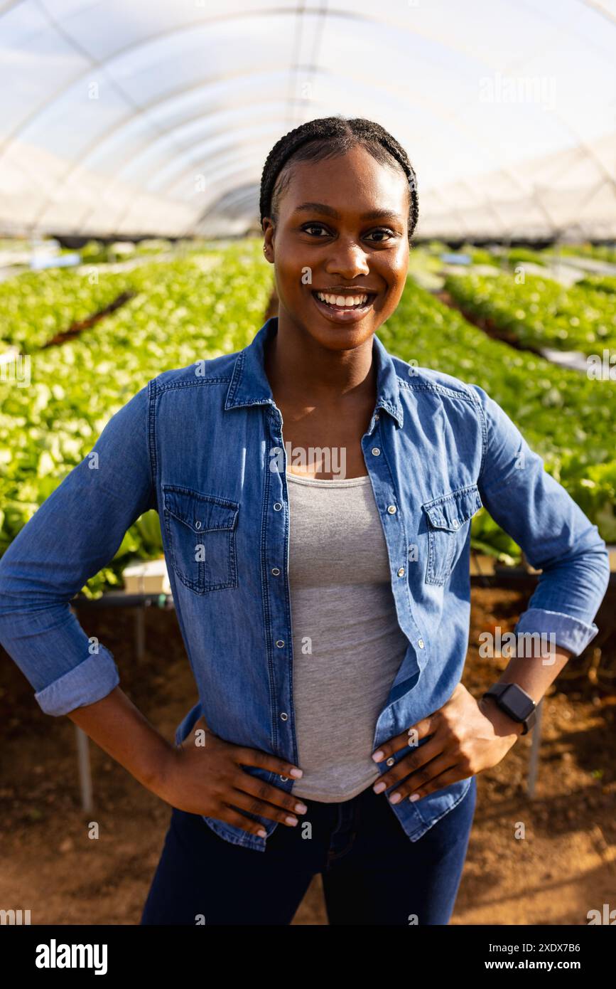 Agricoltore in fattoria idroponica, sorridente e con camicia in denim Foto Stock
