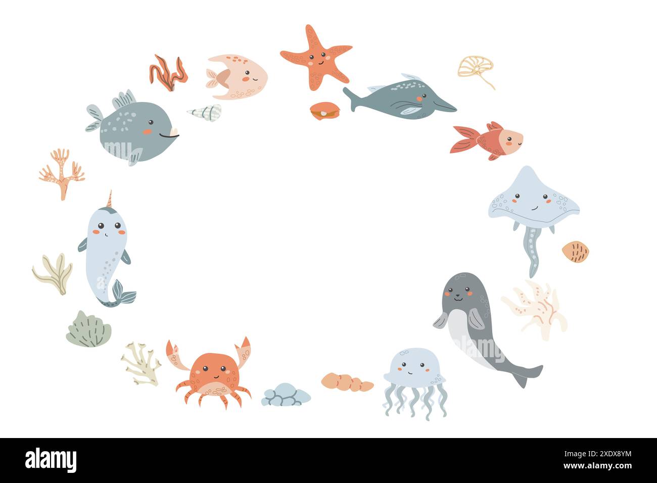 Graziosa cornice marina con animali marini, conchiglie, delfini e altri abitanti dell'oceano. Design pastello vivaio. Bambini animali di mare background. Illustrazione Vettoriale