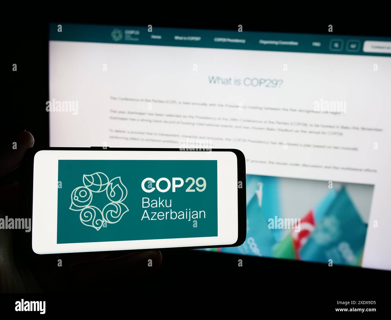 Persona che possiede un telefono cellulare con il logo della Conferenza delle Nazioni Unite sui cambiamenti climatici 2024 COP29 di fronte alla pagina web. Mettere a fuoco il display del telefono. Foto Stock