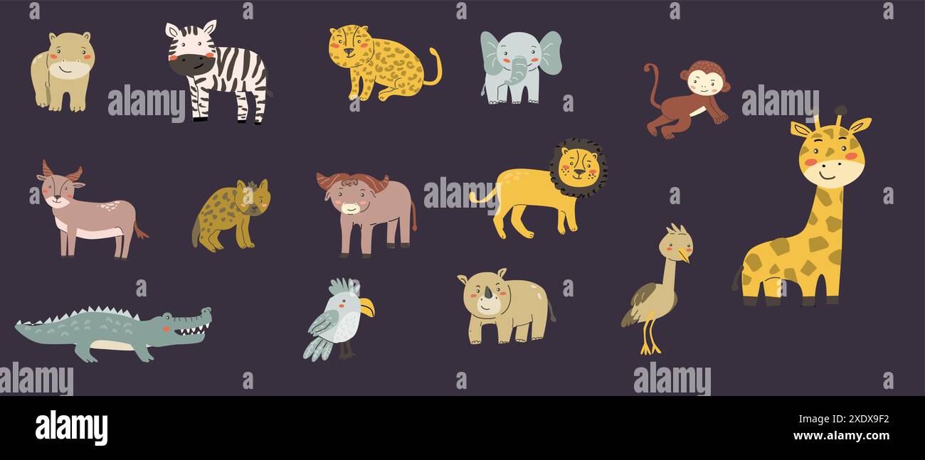 Set di animali per bambini. Elefante africano, leone, rinoceronte, scimmia, zebra, leopardo, iena e altri simpatici animali tropicali. Raccolta di chara per bambini Illustrazione Vettoriale