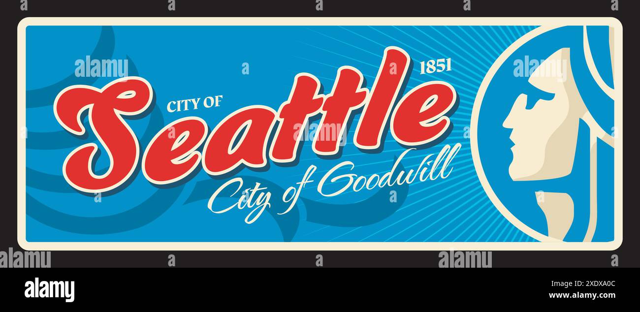 Placca americana di Seattle, targa da viaggio retrò USA, destinazione turistica d'epoca. Insegna di latta vintage della città degli Stati Uniti d'America, targhetta vettoriale o striscione con stemma, motto della città di buona volontà Illustrazione Vettoriale