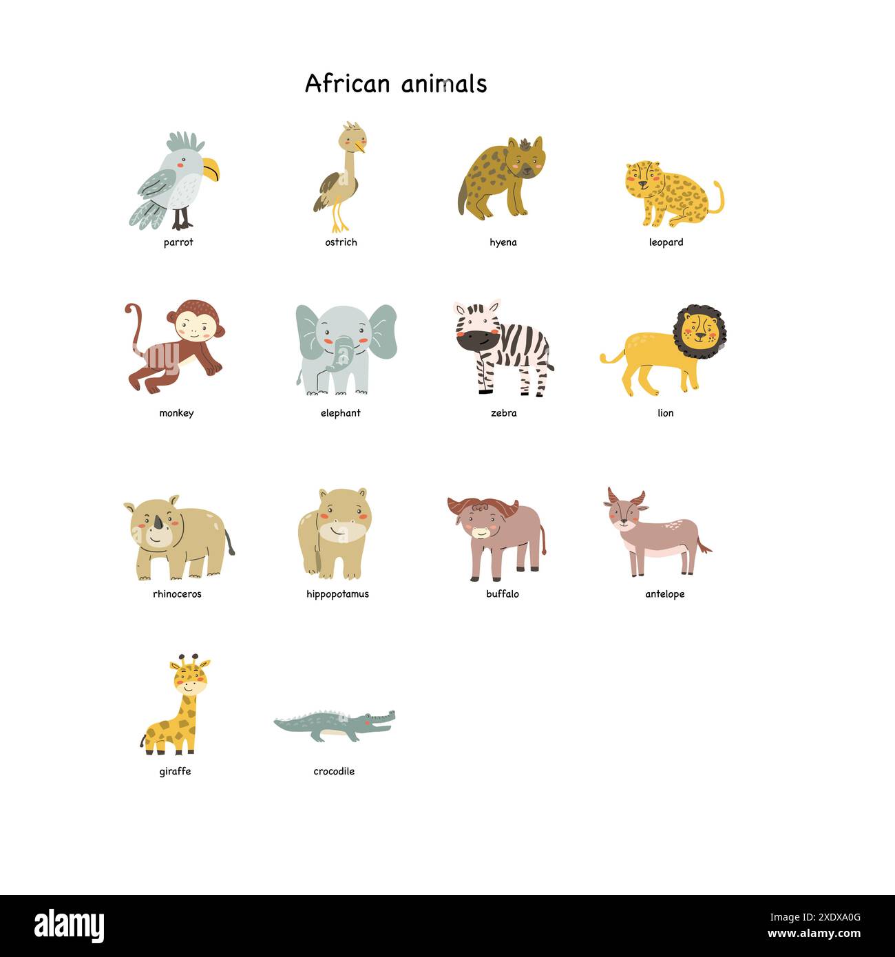 Tessera per bambini per l'educazione. Design dell'asilo. Carino flash card di animali africani in lingua inglese. Simpatico poster dei personaggi dei cartoni animati per bambini Illustrazione Vettoriale