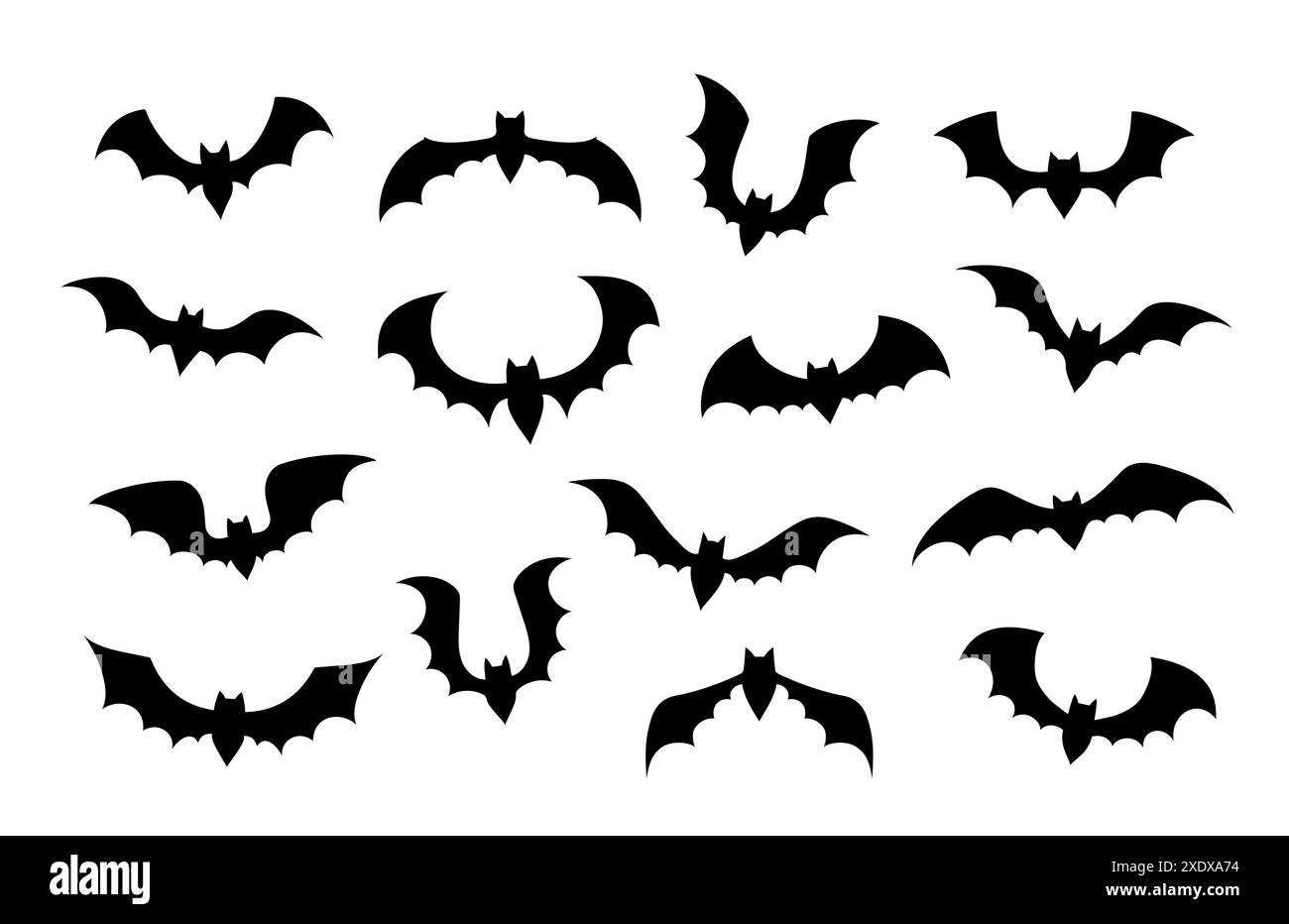 Halloween isolato batte le silhouette nere. Set vettoriale di spaventose forme di animali vampiri alati volanti. Creature streghe con lunghe ali inquietanti, spaventose vacanze notturne horror simboli di mistero e terrore Illustrazione Vettoriale