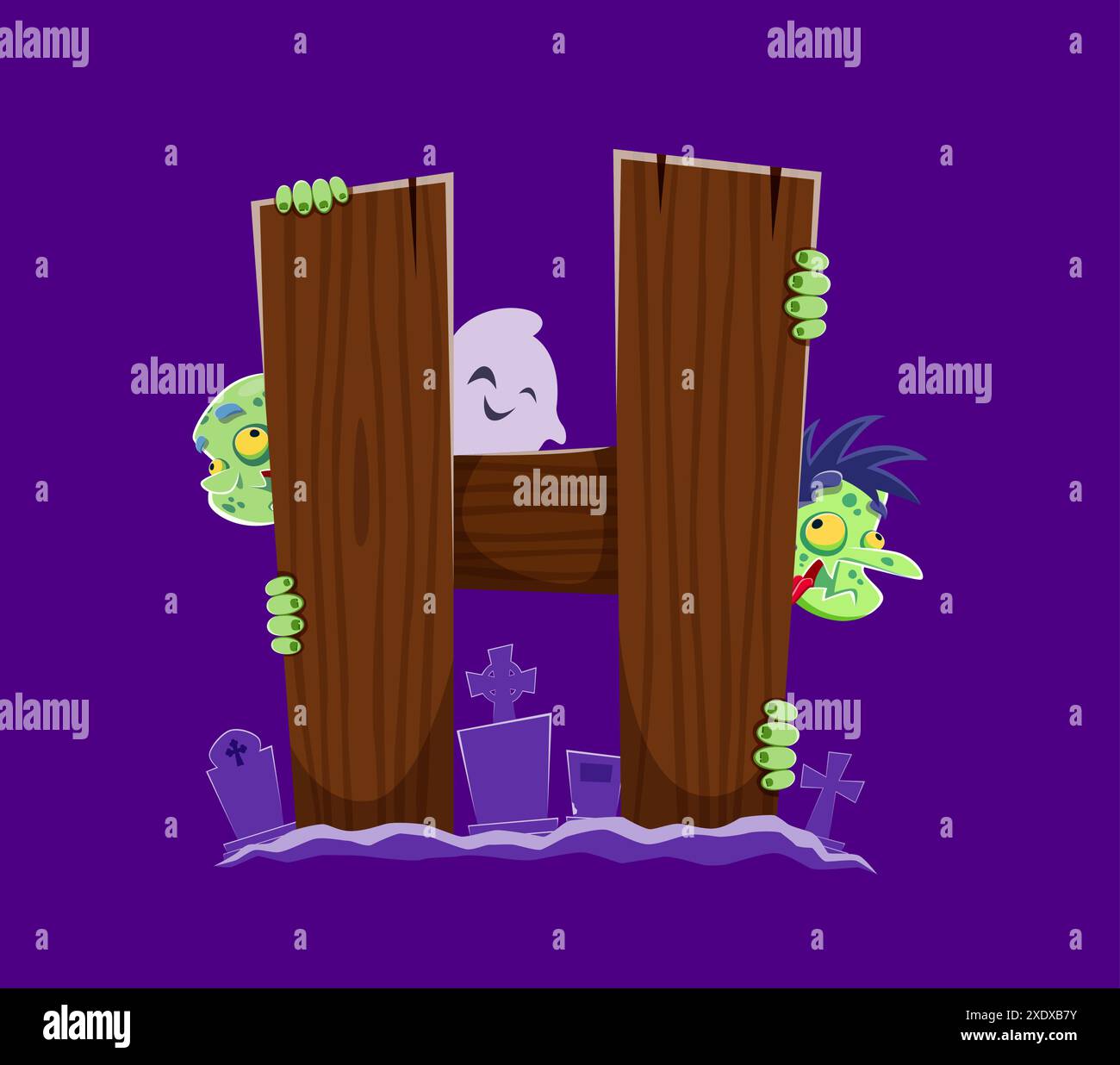 Font di Halloween, lettera H con zombie e fantasmi sul cimitero, alfabeto vettoriale dei cartoni animati. Font di Halloween o ABC per bambini con mostri spaventosi e divertenti sulla tomba del cimitero per il tipo di carattere cartoni animati lettera H. Illustrazione Vettoriale