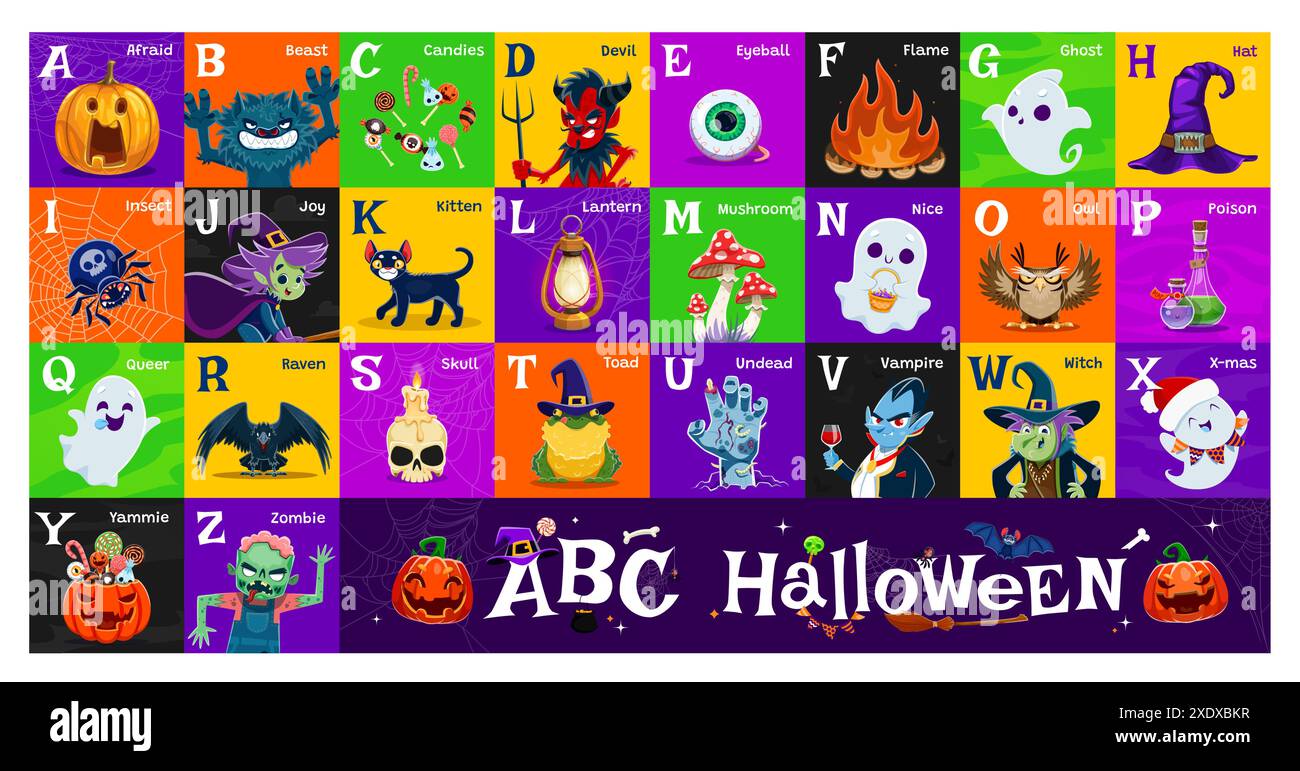 Alfabeto di Halloween, vacanze abc, tipo bambini. Lettere maiuscole vettoriali con simpatici personaggi spettrali dei cartoni animati. Zombie, fantasmi, strega o zucca, cappello mago o gatto nero. Rana, diavolo, pipistrello, lupo mannaro o rana Illustrazione Vettoriale