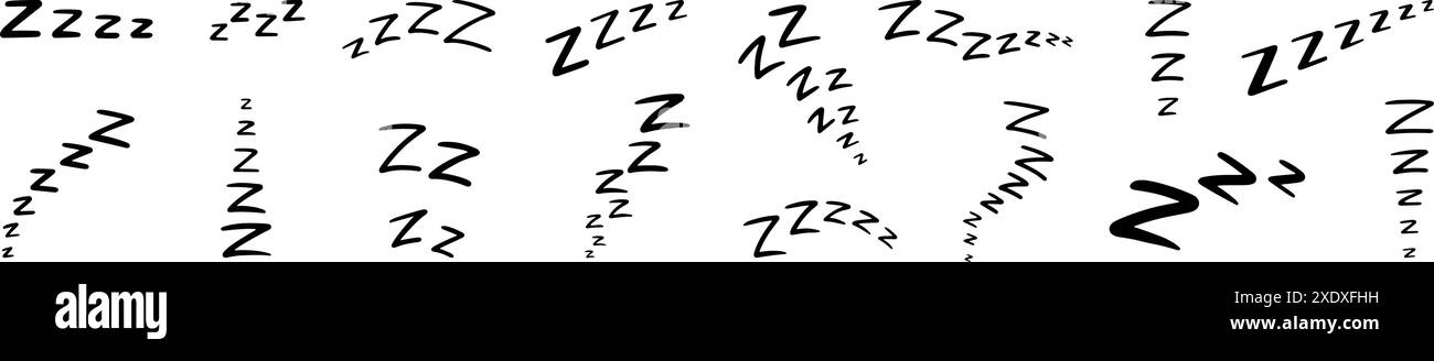 Stile doodle con lettere. Strani icone di sonno. Testo comico segni di sogno, relax e pisolino. Effetti sonori russanti per cartoni animati, set vettoriale neoterico Illustrazione Vettoriale