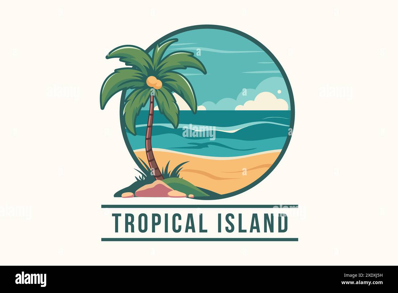 Logo dell'isola tropicale con palme e oceano. Il logo è circolare in bianco e blu Illustrazione Vettoriale