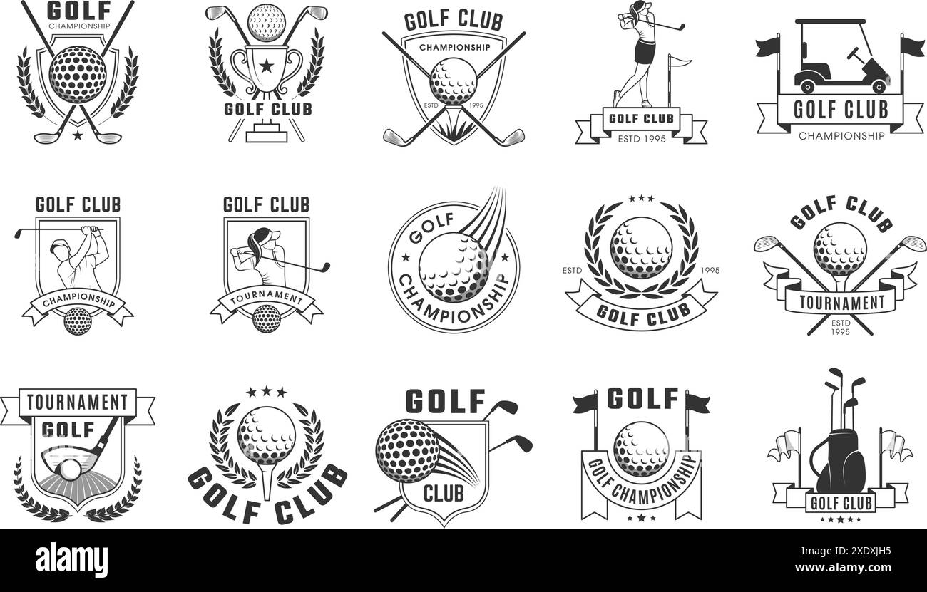 Badge da golf. I loghi sportivi per i badge delle mazze da golf con attrezzi specifici coppe palle aderiscono alla recente sagoma vettoriale con spazio per il testo personale Illustrazione Vettoriale