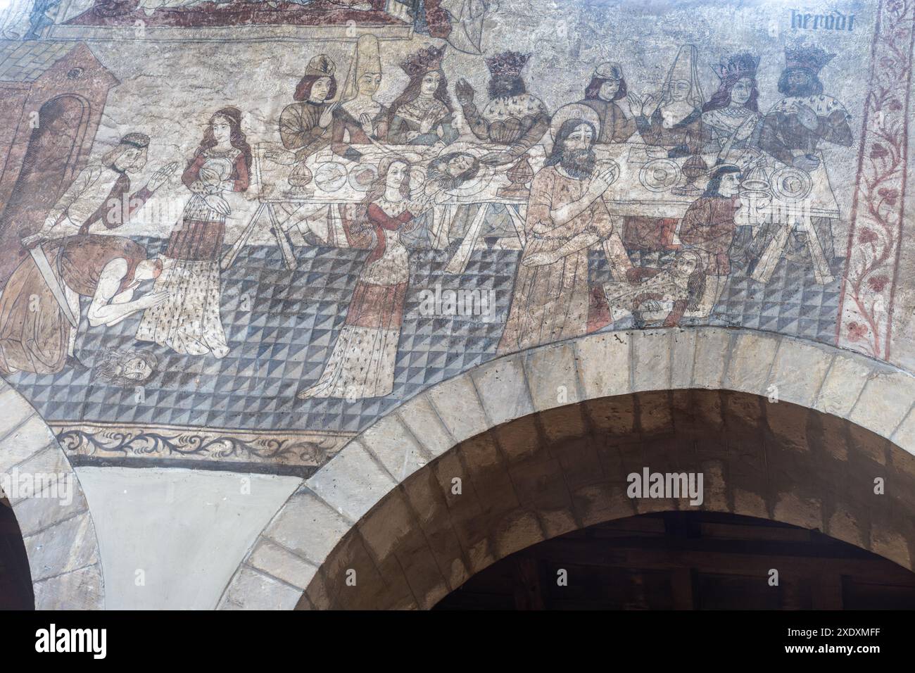 Pitture murali medievali o affreschi nella chiesa di San Pietro e San Paolo a Pickering, North Yorkshire, Inghilterra, Regno Unito Foto Stock