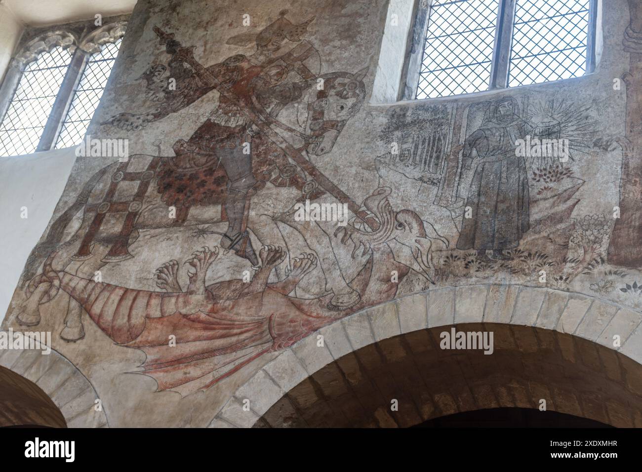 Dipinti murali medievali affreschi nella chiesa di San Pietro e San Paolo a Pickering, North Yorkshire, Inghilterra, Regno Unito. Pittura di San Giorgio e San Cristoforo Foto Stock