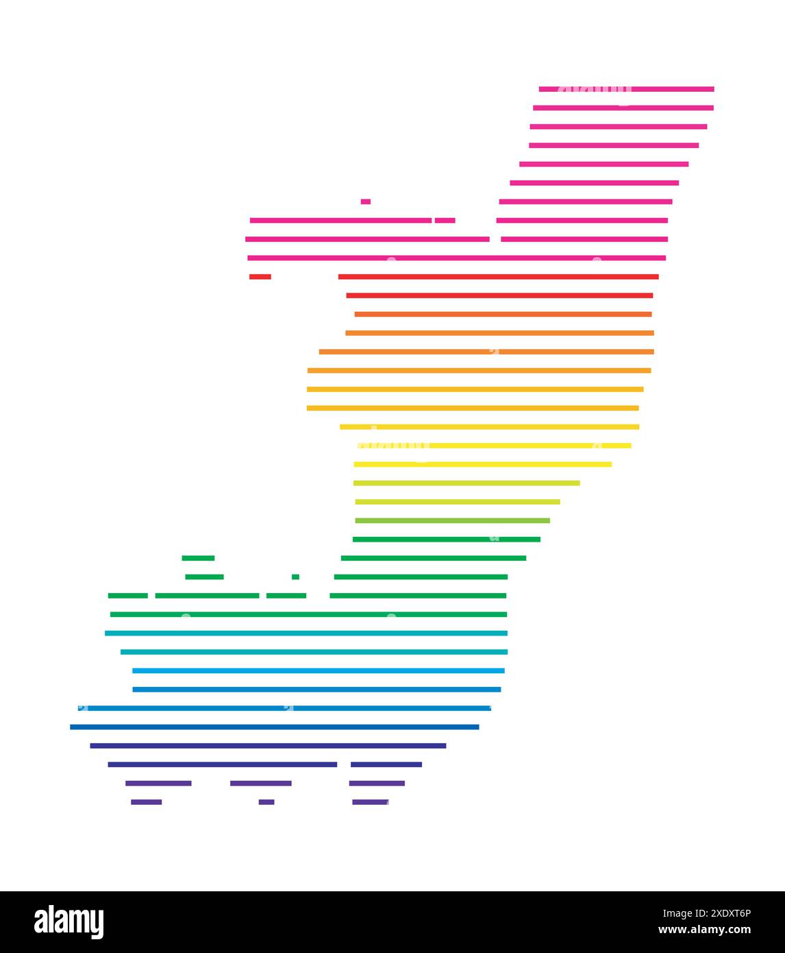 Mappa astratta della Repubblica del Congo che mostra il paese con linee orizzontali parallele in colori arcobaleno Illustrazione Vettoriale