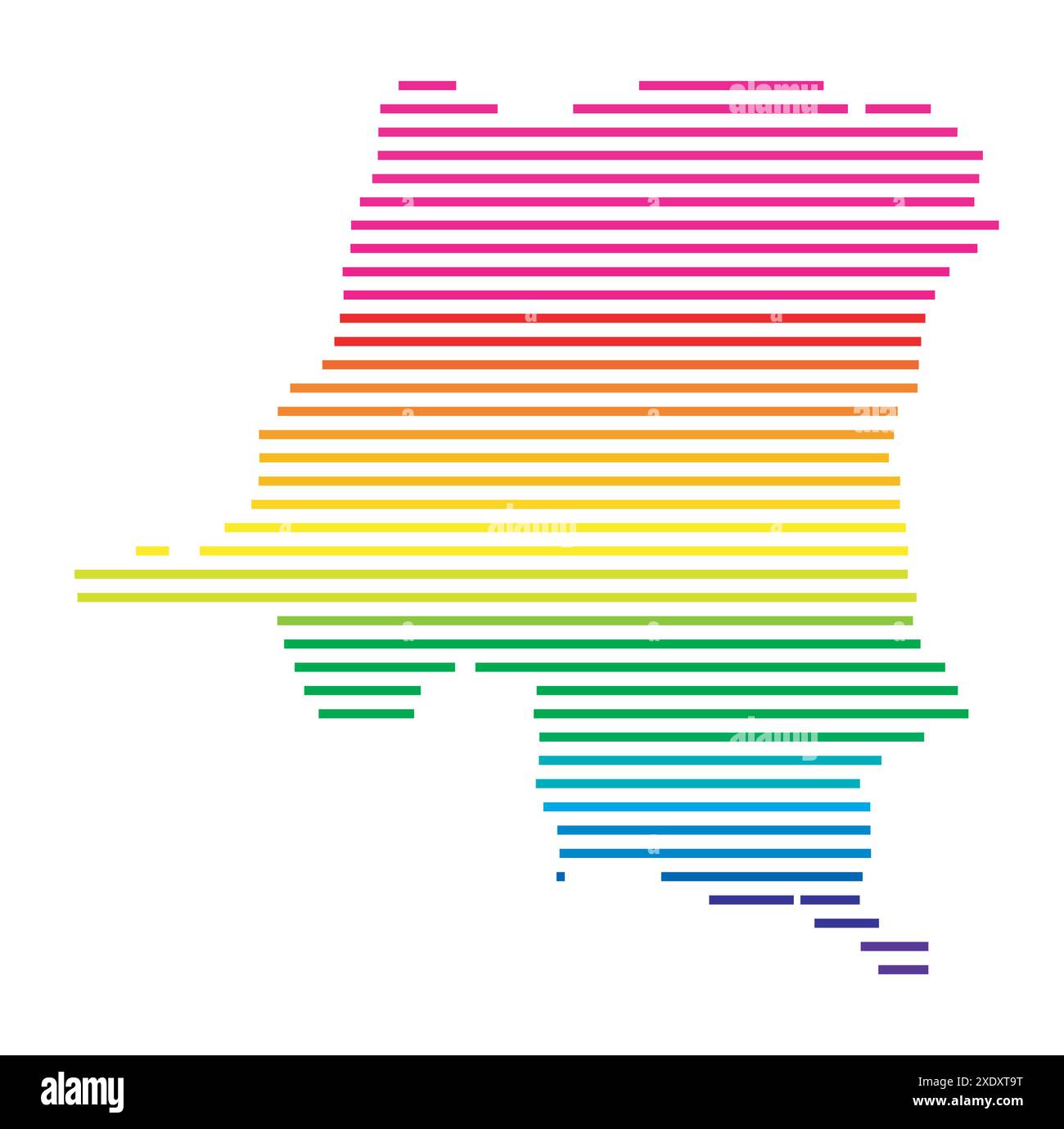 Mappa astratta della Repubblica Democratica del Congo che mostra il paese con linee orizzontali parallele in colori arcobaleno Illustrazione Vettoriale