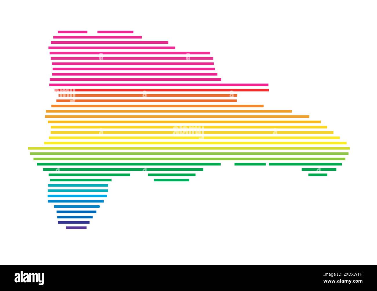 Mappa astratta della Repubblica Dominicana che mostra il paese con linee orizzontali parallele in colori arcobaleno Illustrazione Vettoriale