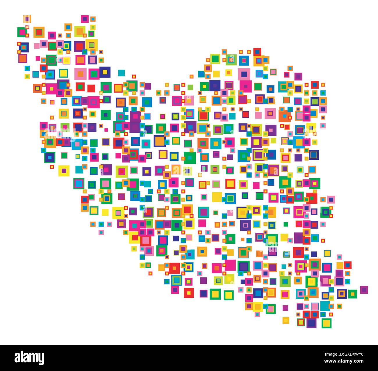 Mappa dell'Iran che mostra il paese con un modello di quadrati colorati sovrapposti come caramelle Illustrazione Vettoriale
