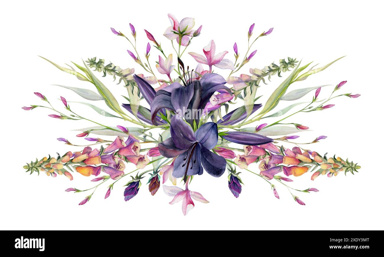 Illustrazione ad acquerello disegnata a mano foglie di fiori botanici. Lily clivia amaryllis, foxglove snapdragon lupino, lobelia rosa gelsomino, salice eucalipto Foto Stock