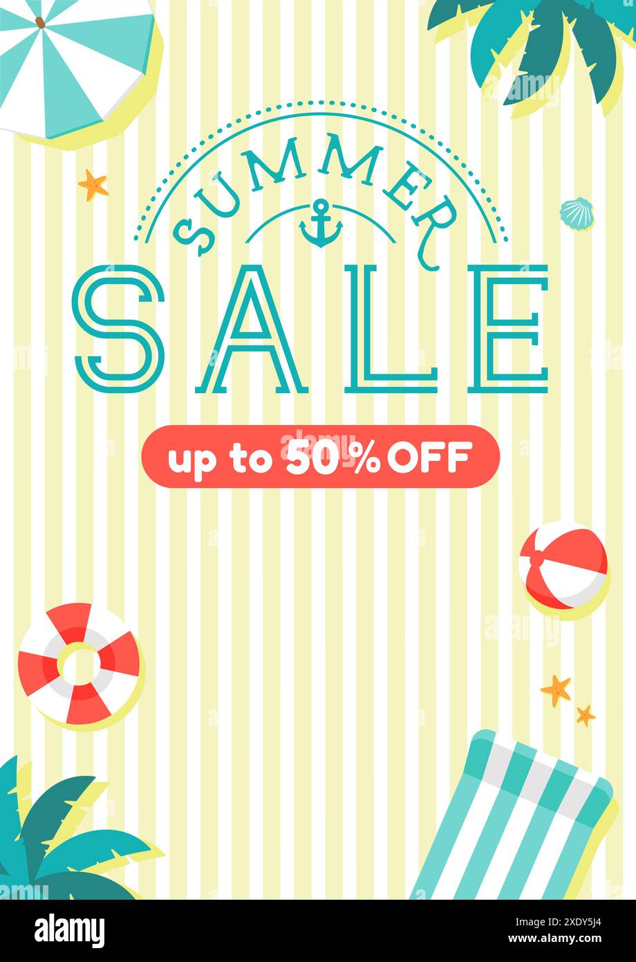 Illustrazione del modello vettoriale della spiaggia estiva (formato verticale per poster, volantini, ecc.) Illustrazione Vettoriale
