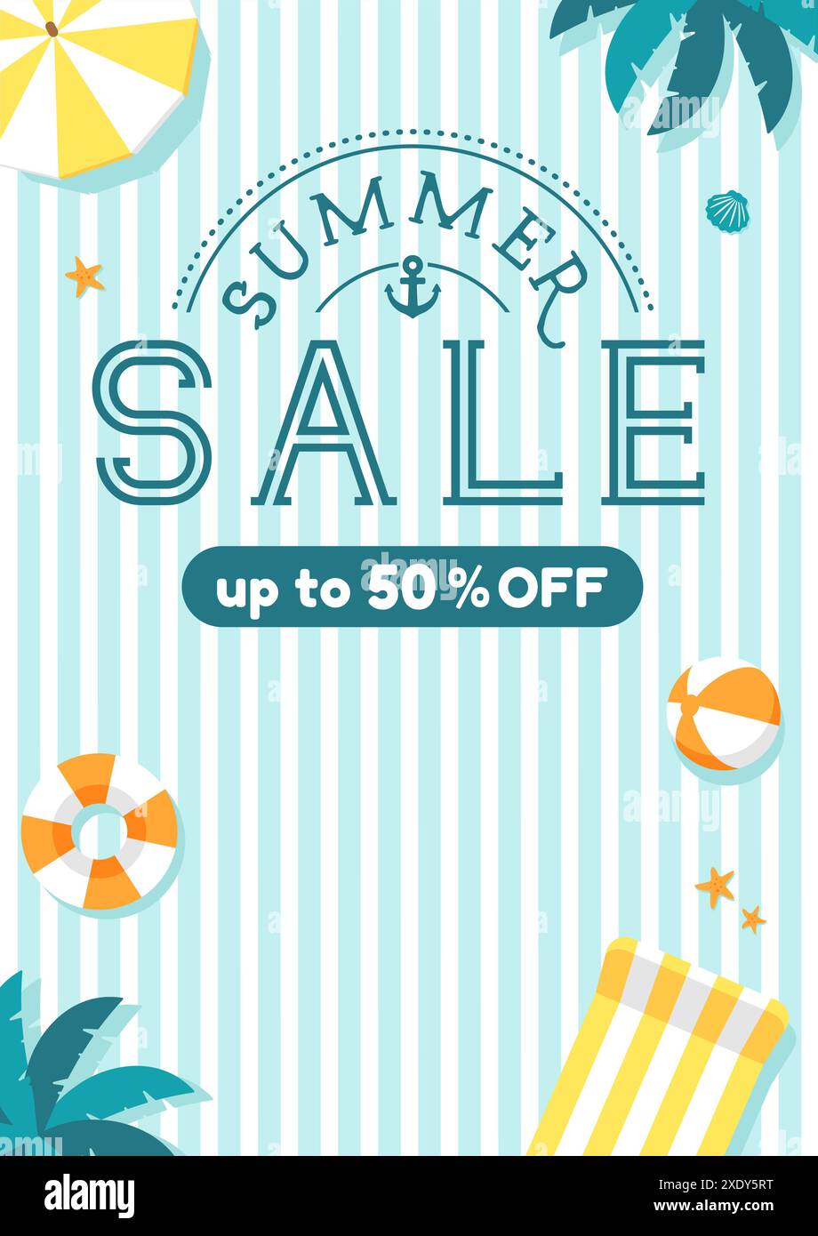 Illustrazione del modello vettoriale della spiaggia estiva (formato verticale per poster, volantini, ecc.) Illustrazione Vettoriale