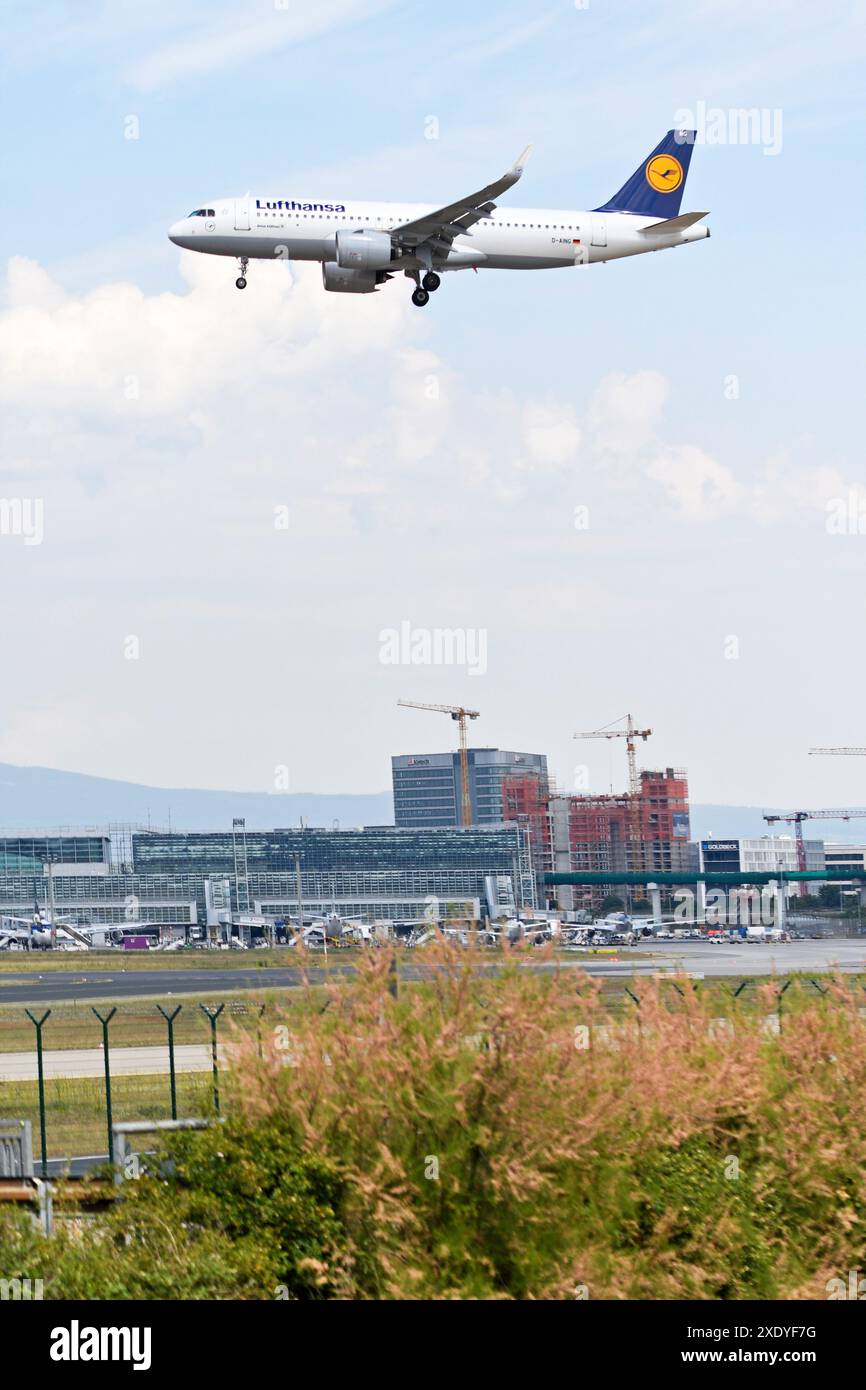 Il punto panoramico est all'aeroporto di francoforte è aperto - airbus sta atterrando Foto Stock