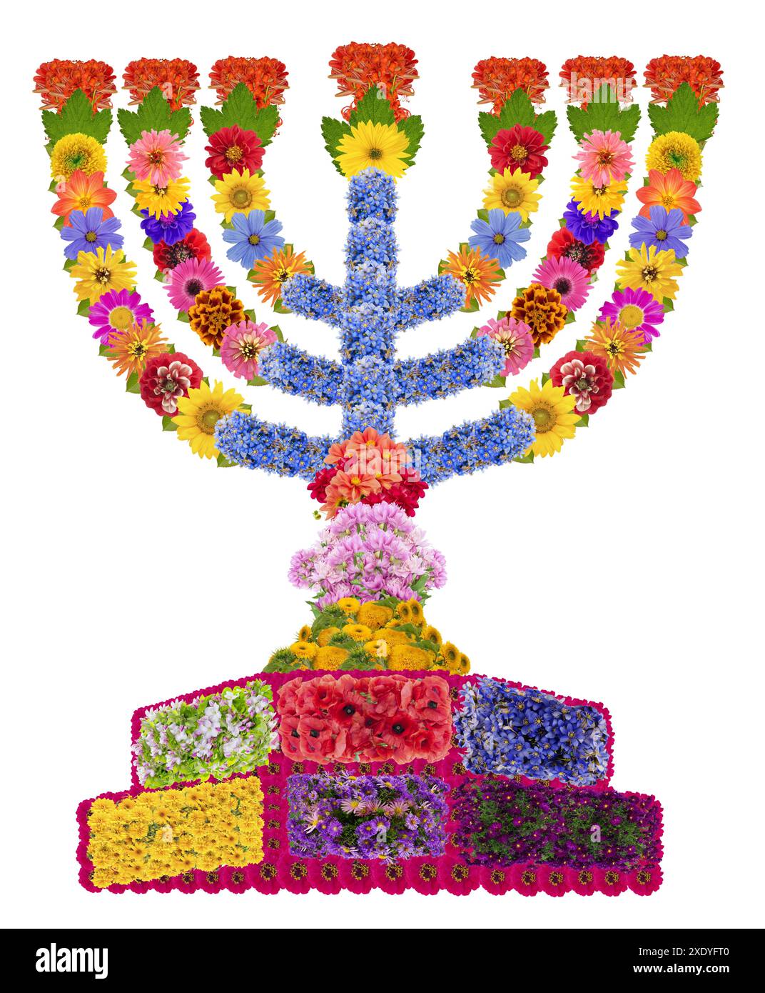 La menorah è descritta nella Bibbia come la lampada a sette lampade e usata come simbolo del giudaismo. Collage floreale isolato Foto Stock