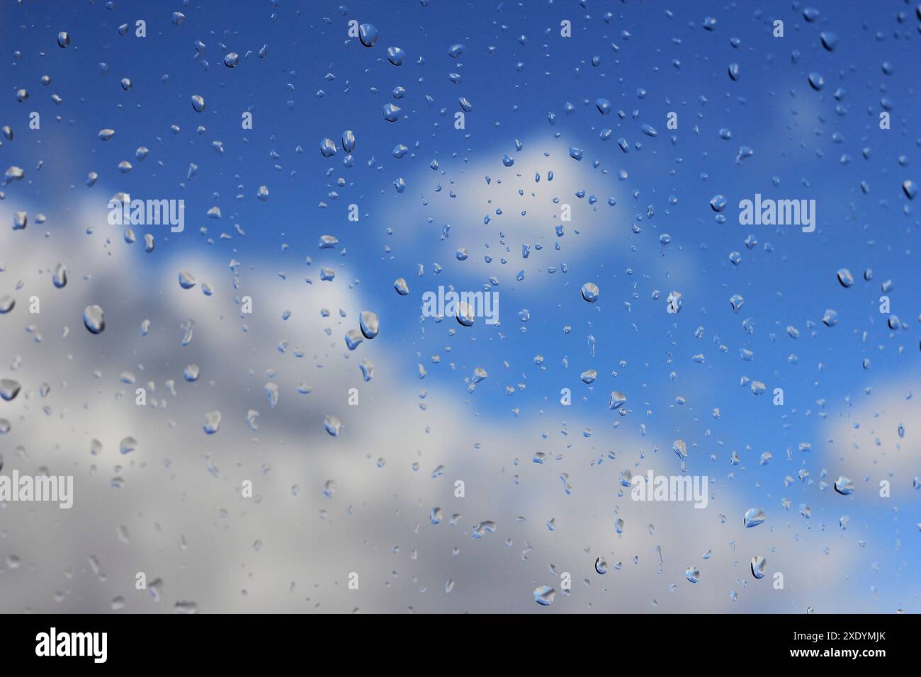 Le gocce di pioggia su un pannello finestra con il bel tempo, in Germania Foto Stock