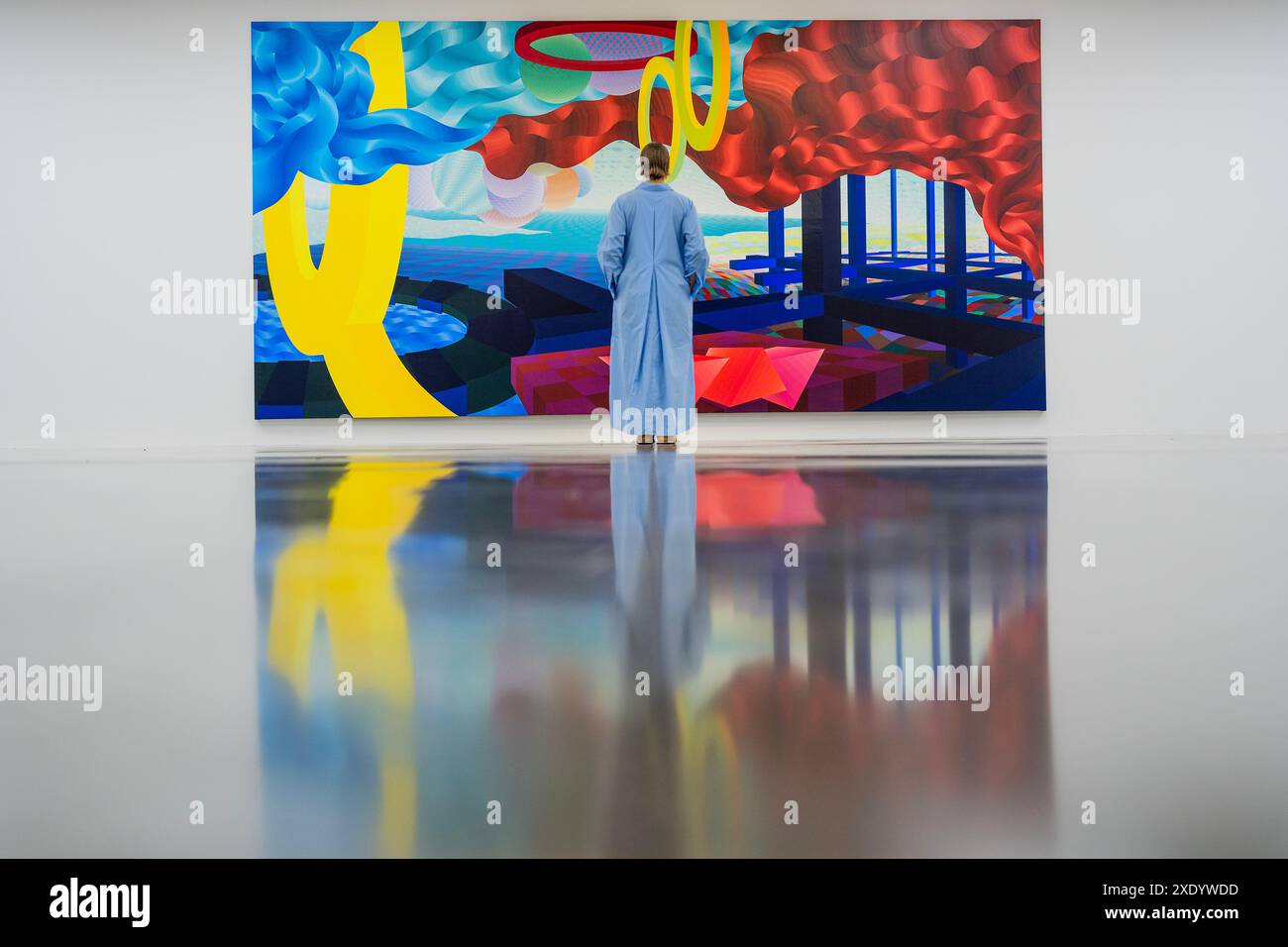 Londra, Regno Unito. 25 giugno 2024. Eagle Rock IV, 2004 - al Held: About Space, un'importante indagine sul lavoro pionieristico del pittore astratto tardo americano a White Cube Bermondsey. La mostra include opere chiave esposte pubblicamente per la prima volta, tra cui dipinti colossali di oltre 4 m x 9 m, e segna la prima presentazione europea di opere risalenti alla fine della carriera dell'artista. Crediti: Guy Bell/Alamy Live News Foto Stock