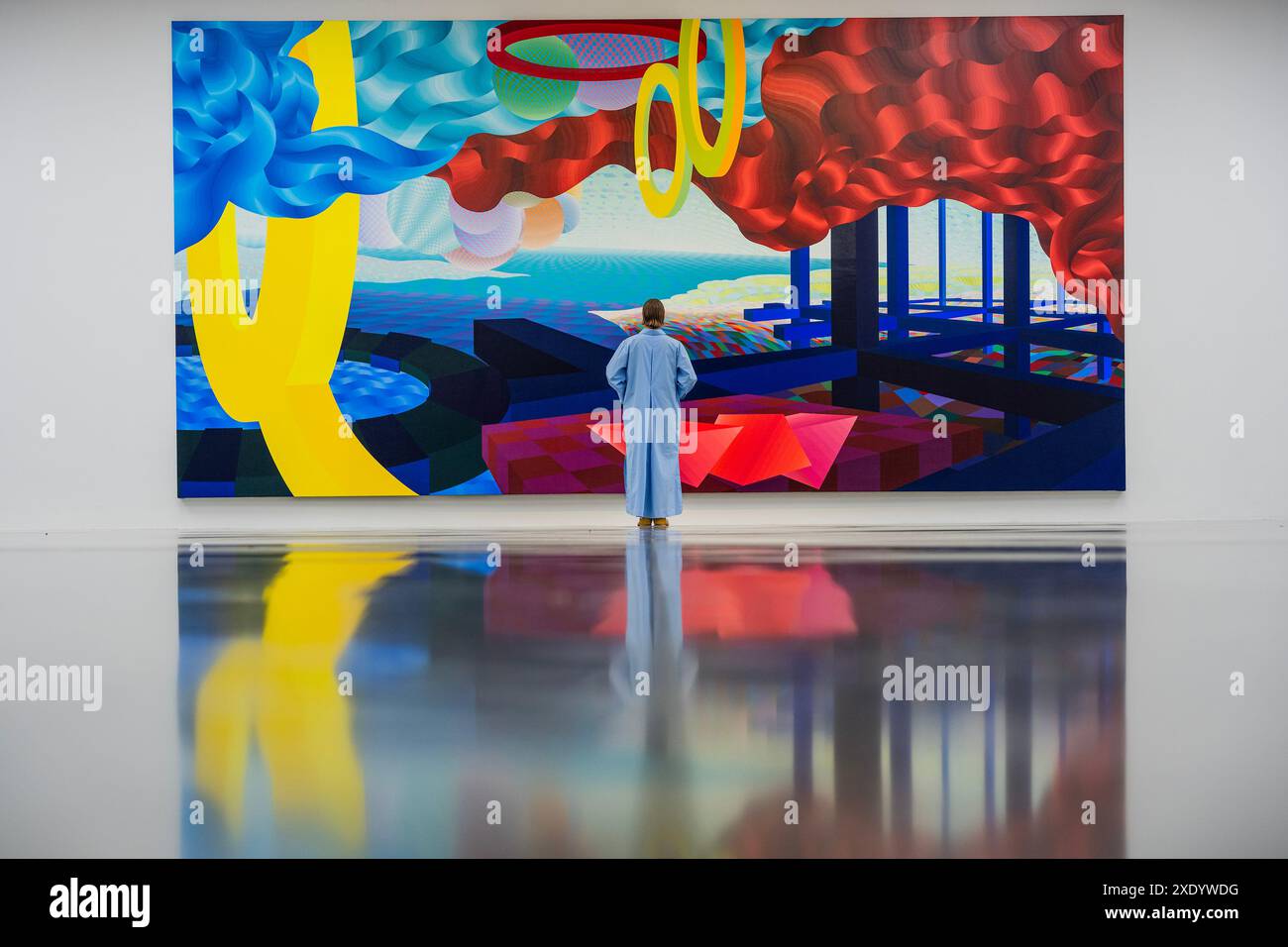 Londra, Regno Unito. 25 giugno 2024. Eagle Rock IV, 2004 - al Held: About Space, un'importante indagine sul lavoro pionieristico del pittore astratto tardo americano a White Cube Bermondsey. La mostra include opere chiave esposte pubblicamente per la prima volta, tra cui dipinti colossali di oltre 4 m x 9 m, e segna la prima presentazione europea di opere risalenti alla fine della carriera dell'artista. Crediti: Guy Bell/Alamy Live News Foto Stock