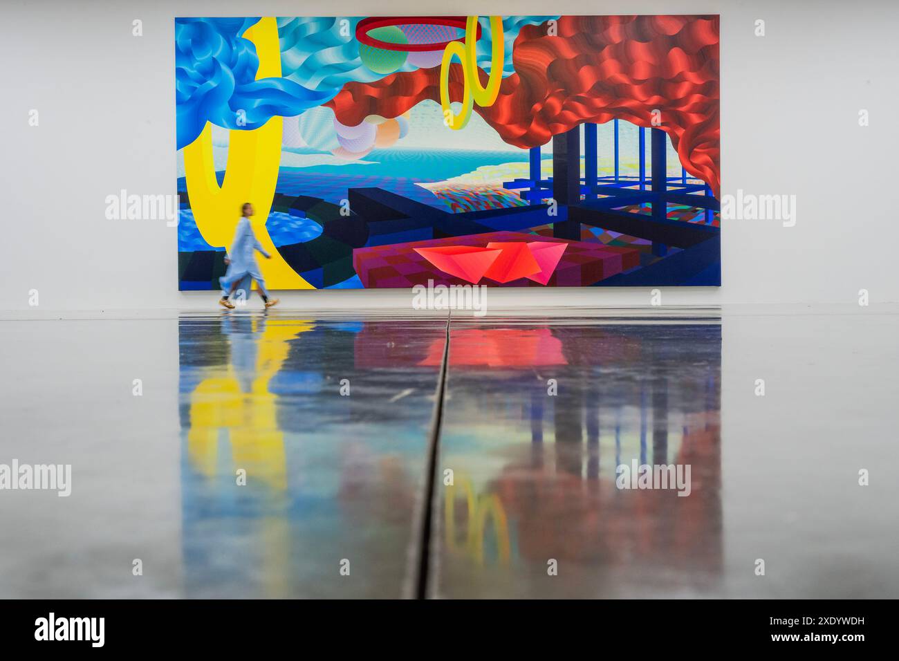 Londra, Regno Unito. 25 giugno 2024. Eagle Rock IV, 2004 - al Held: About Space, un'importante indagine sul lavoro pionieristico del pittore astratto tardo americano a White Cube Bermondsey. La mostra include opere chiave esposte pubblicamente per la prima volta, tra cui dipinti colossali di oltre 4 m x 9 m, e segna la prima presentazione europea di opere risalenti alla fine della carriera dell'artista. Crediti: Guy Bell/Alamy Live News Foto Stock