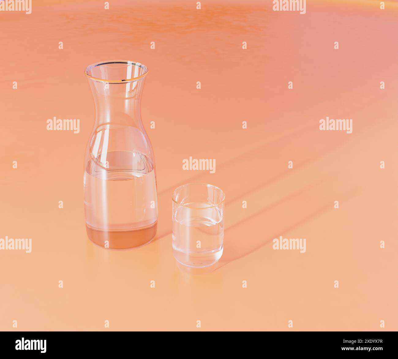 Bottiglia d'acqua in vetro e vetro su sfondo arancione, rendering 3d. Foto Stock