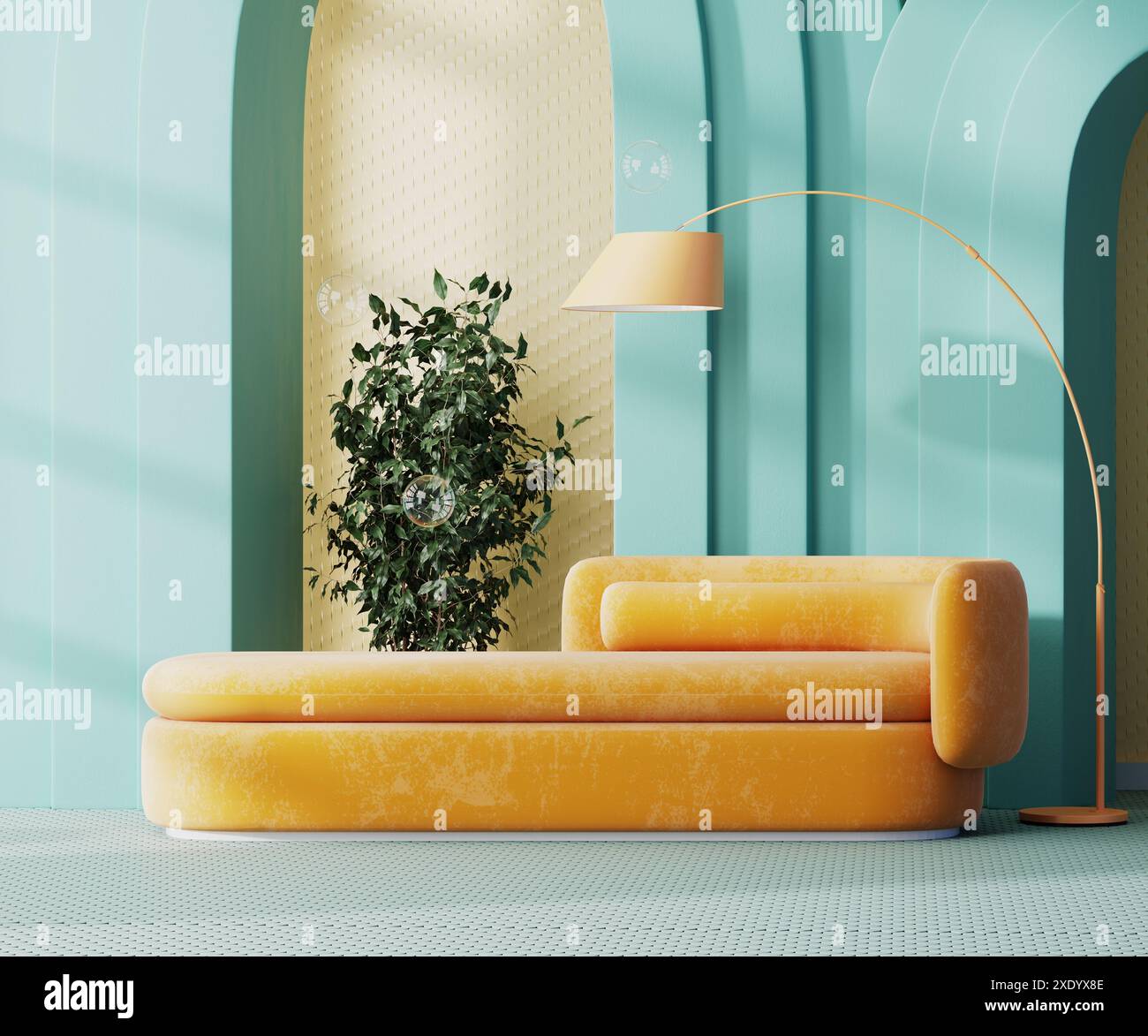 Interni moderni e colorati della zona lounge con divano arancione con lampada da terra, parete gialla e archi blu, rendering 3d. Foto Stock