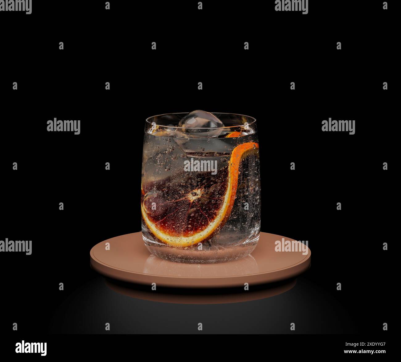 Bicchiere con bevanda, ghiaccio, fetta di agrumi su sfondo nero, concetto cocktail, rendering 3d. Foto Stock