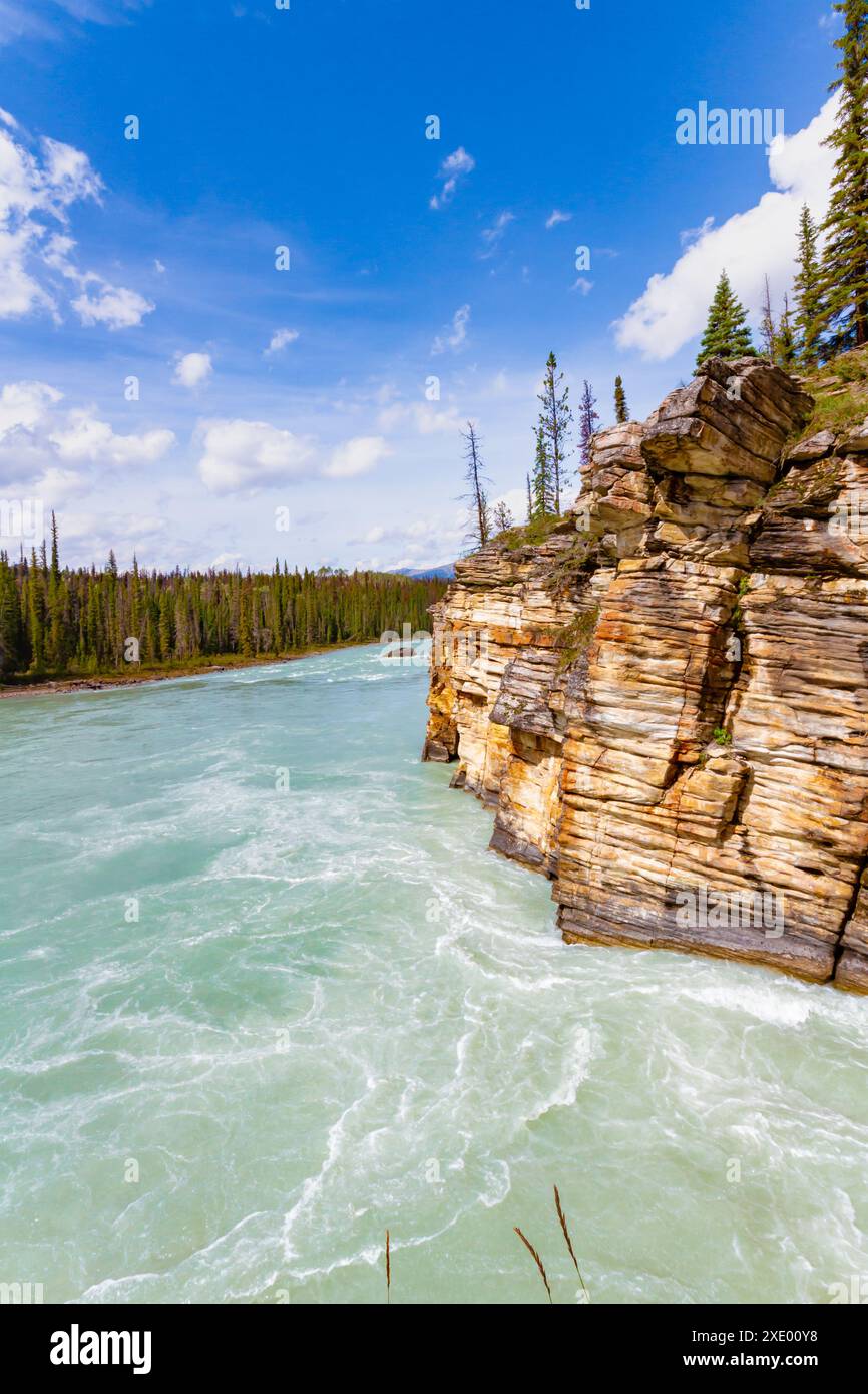 Acque turchesi del fiume Athabasca vicino alle cascate Athabasca, al Jasper National Park, Alberta, Canada Foto Stock