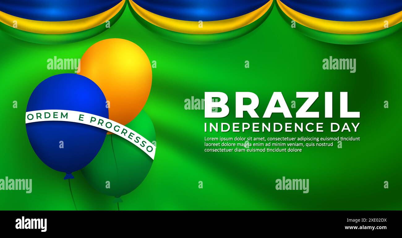 Sfondo del giorno dell'indipendenza del Brasile, con sventolata bandiera di seta e illustrazione vettoriale del pallone. Traduzione: Ordine e avanzamento Illustrazione Vettoriale