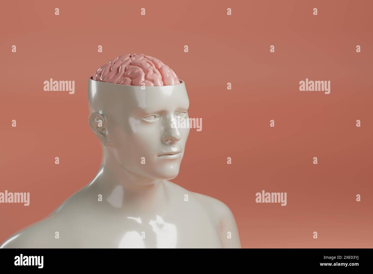 Scultura di un uomo con la testa aperta e il cervello esposto con spazio di copia. illustrazione 3d. Foto Stock