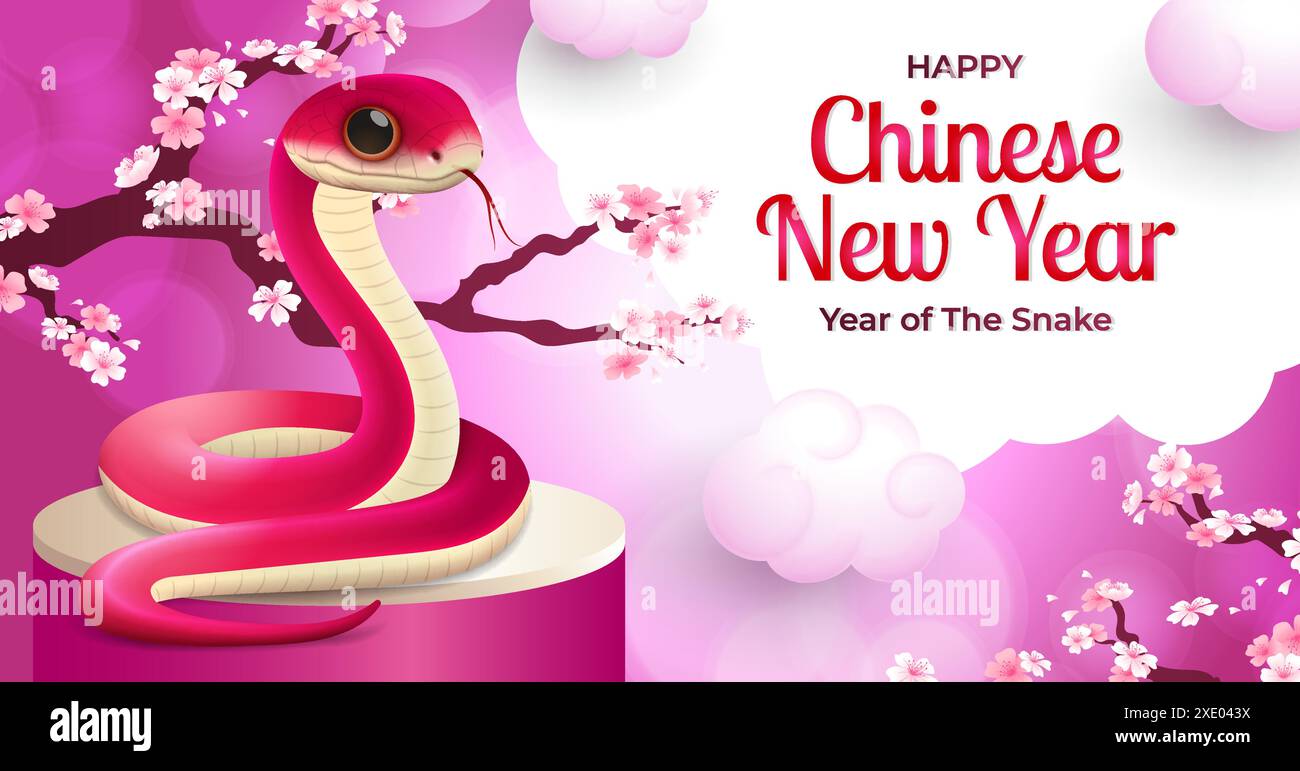 Design banner anno del serpente 2025, serpente rosso con sfondo nuvoloso rosa, anno del serpente 2025 Illustrazione Vettoriale