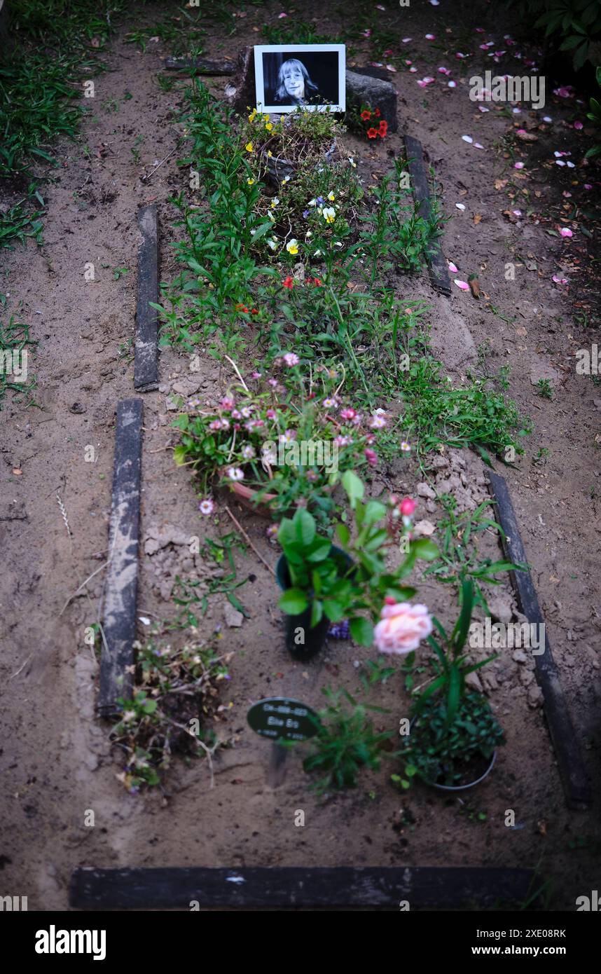 Geisterstunde 2024 Deutschland, Berlin, 15.06.2024, Geisterstunde auf dem Dorotheenstädtischen Friedhof: Grab von Elke Erb, Sommerfest im Brecht-Haus, Â *** Ghost Hour 2024 Germania, Berlino, 15 06 2024, Ghost Hour at the Dorotheenstädtischer Friedhof grave of Elke Erb, festa estiva a Brecht Haus, Â Foto Stock