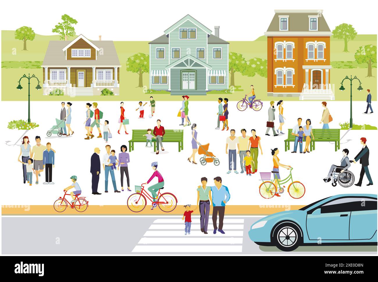 Silhouette cittadina in periferia, con pedoni in zona residenziale e attività ricreative, illustrazione Foto Stock