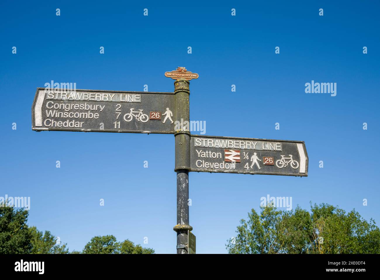 Un cartello sulla Strawberry Line, un percorso ciclabile e pedonale lungo il percorso della Cheddar Valley Line in disuso, a Yatton, North Somerset, Inghilterra. Foto Stock