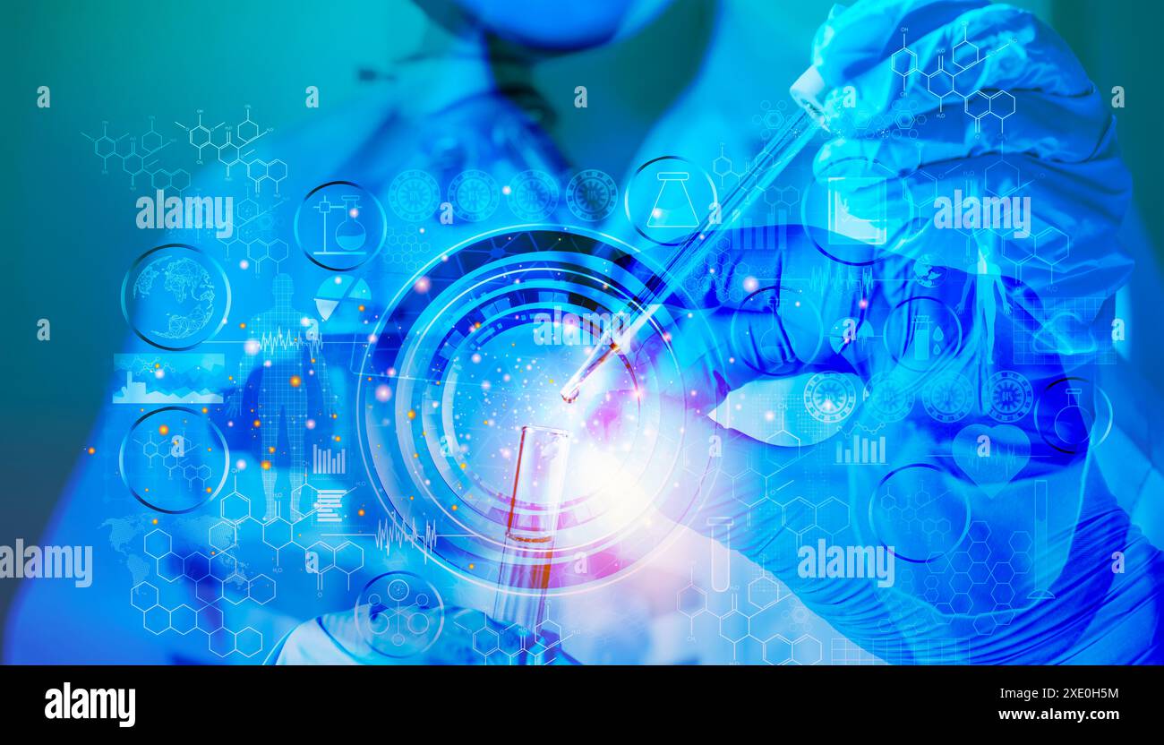 Scienziati scientifici e medici analizzano e rilasciano campioni in vetreria. Sperimenta con liquidi chimici in laboratorio sulla struttura del DNA di vetreria I. Foto Stock