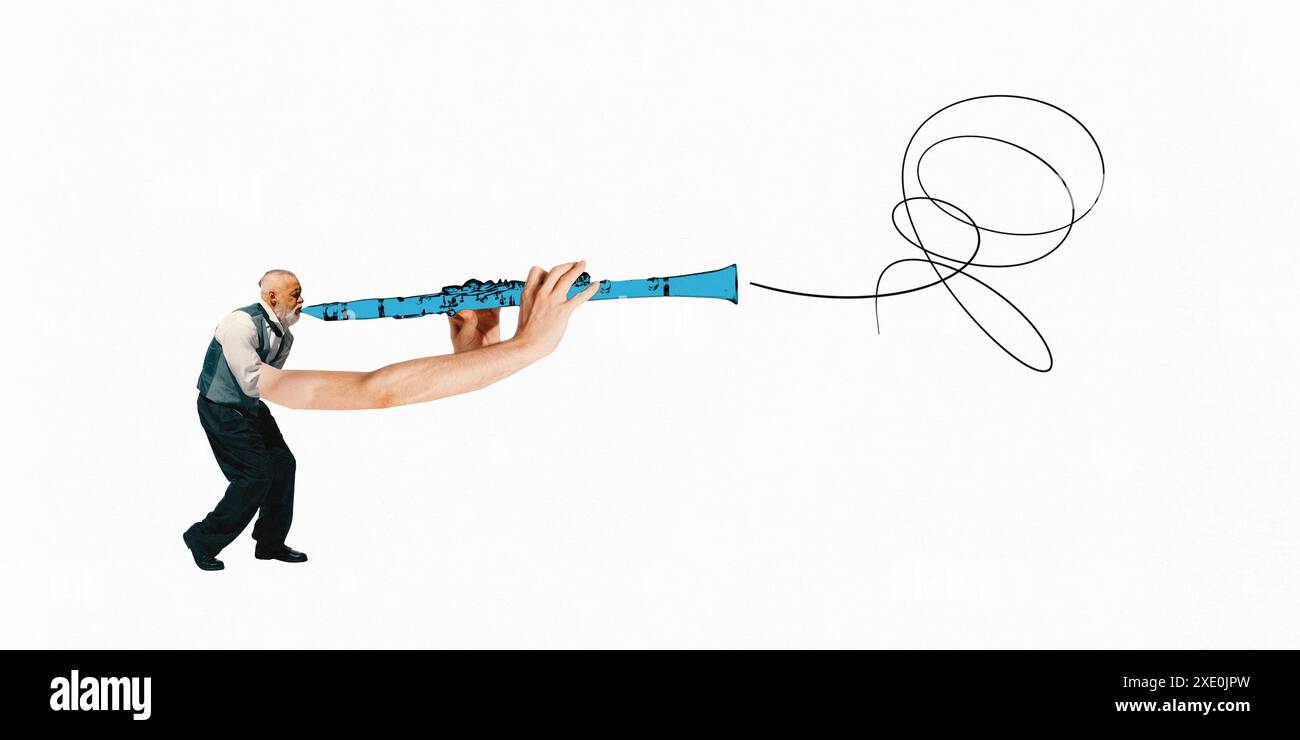 Poster. Collage d'arte contemporanea. L'uomo ha vestito un abito vintage con lunghe mani grandi che si esibiscono su clarinetto con doodle come suono. Foto Stock