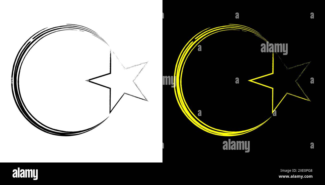 Illustrazione dell'icona Luna e Stella su sfondo bianco e nero. Illustrazione Vettoriale