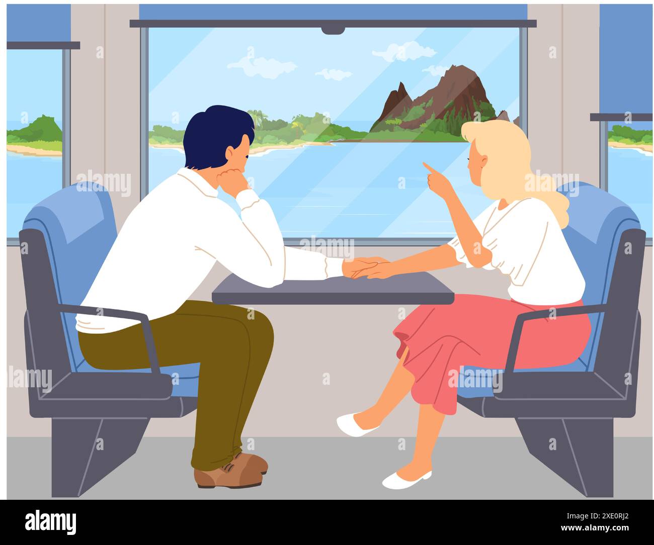 Felice coppia di personaggi cartoni animati che viaggiano in un'illustrazione vettoriale del treno Illustrazione Vettoriale