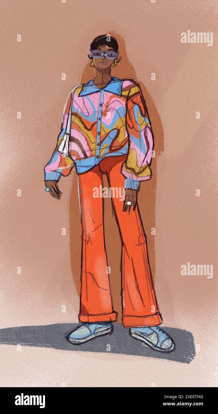 Vivace illustrazione alla moda di una figura in un outfit ispirato agli anni '70: Camicia psichedelica colorata, pantaloni svasati arancioni, occhiali con cornice blu e S blu Foto Stock
