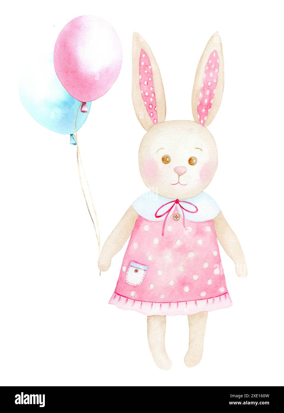 Simpatico coniglietto con palloncini, giocattolo per bambini. L'illustrazione dell'acquerello è disegnata a mano. Adatto per tessuti, carta da parati, carta da imballaggio, cartoncini, Foto Stock