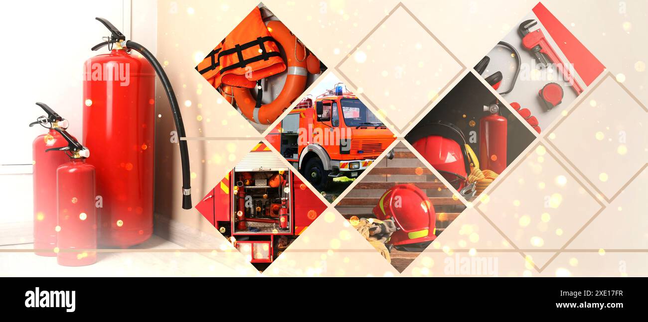 Collage con estintori, camion antincendio e altre attrezzature antincendio. Design banner Foto Stock