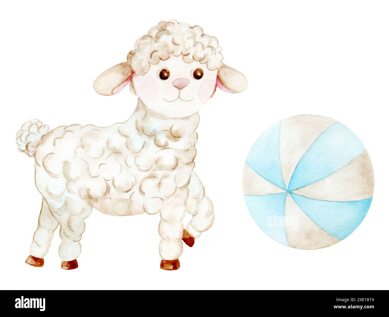 Pecore e palla carini. L'illustrazione ad acquerello è disegnata a mano. Adatto per tessuti, carta da parati, carta da imballaggio, cartoncini, inviti e c Foto Stock