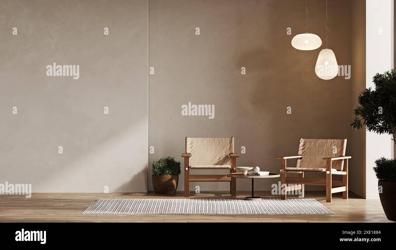 Arredamento minimalista e moderno con poltrona, mock-up in stile giapponese, mockup a parete vuota, 3d Ren Foto Stock